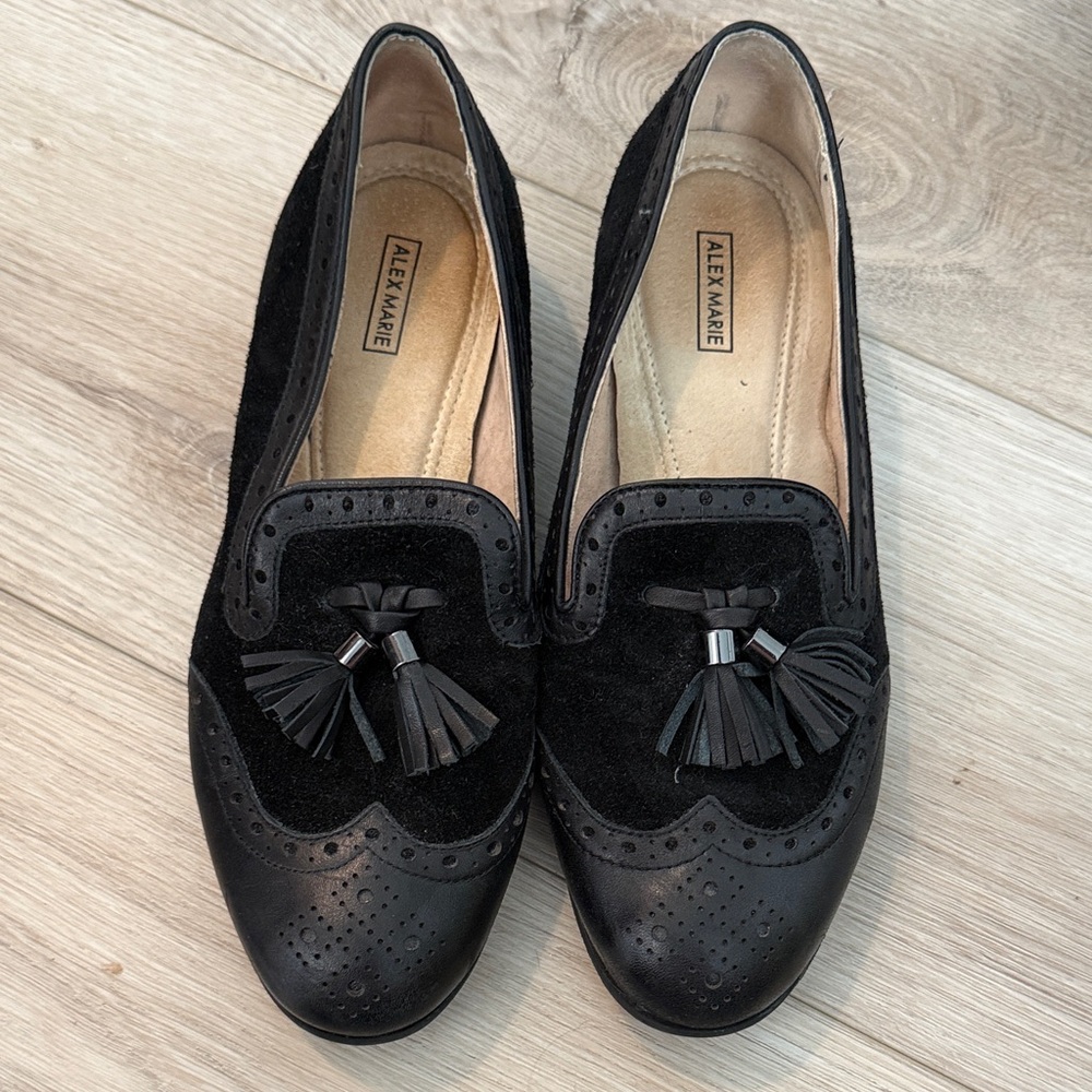 Alex Marie Black Leather & Suede Tassel Loafers Wingtip Flats Women's Size 6.5